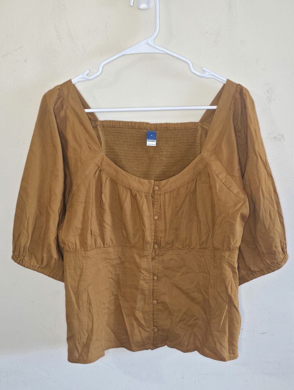 Old Navy Women's Med Puff Sleeve Smocked Button Front Top Brown Chaparral Blouse